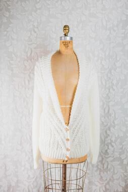 Vintage 80s Cardigan Cream Cable Knit Cottage Oversized Fisherman Sweater, LG